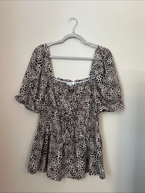 Sweet Rain Leopard Print Smocked Top - Black & Cream
